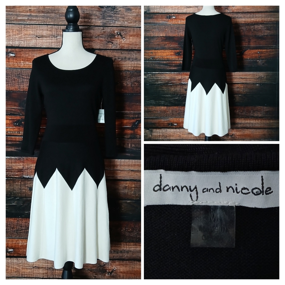 NWT Danny And Nicole Dress M Black White Sweater Knit Fit & Flare 3/4 Sleeve